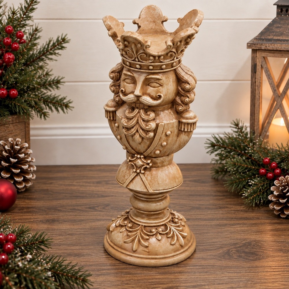 Nutcracker Pillar Candle Holder Tan Resin 12 inch Neutral Christmas Decor NEW
